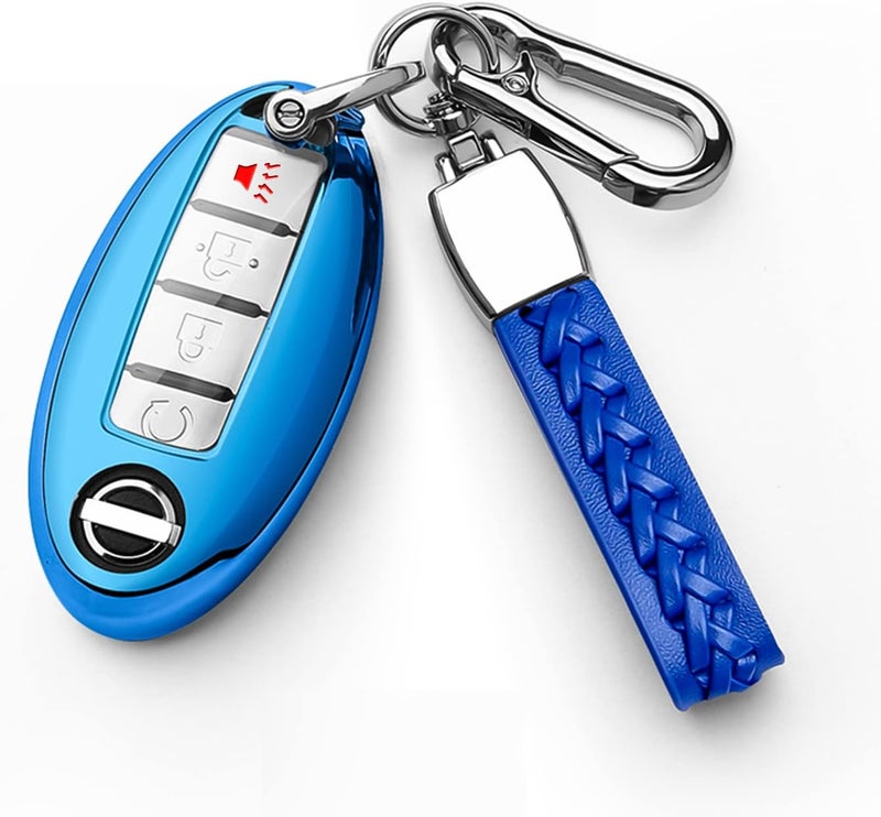 Autophone Blue Key Fob Cover with Leather Keychain for Nissan Models - Image 1