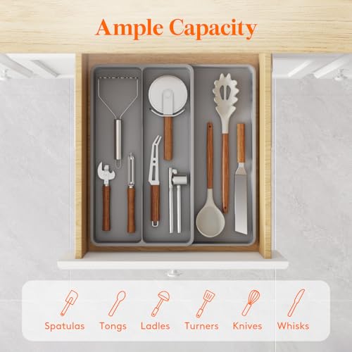 Lifewit Utensil Drawer Organizer, Expandable Cooking Silverware Tray for Kitchen Drawer, Adjustable Cutlery Flatware Holder, Plastic Spatula Tools and Gadgets Storage Divider, 3 Compartments, Gray - Image 2