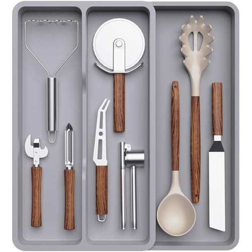 Lifewit Utensil Drawer Organizer, Expandable Cooking Silverware Tray for Kitchen Drawer, Adjustable Cutlery Flatware Holder, Plastic Spatula Tools and Gadgets Storage Divider, 3 Compartments, Gray - Image 1