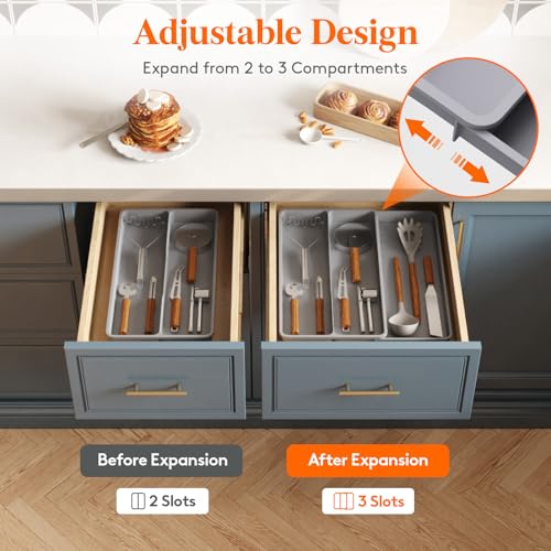 Lifewit Utensil Drawer Organizer, Expandable Cooking Silverware Tray for Kitchen Drawer, Adjustable Cutlery Flatware Holder, Plastic Spatula Tools and Gadgets Storage Divider, 3 Compartments, Gray - Image 4