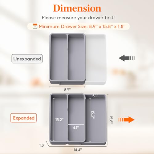 Lifewit Utensil Drawer Organizer, Expandable Cooking Silverware Tray for Kitchen Drawer, Adjustable Cutlery Flatware Holder, Plastic Spatula Tools and Gadgets Storage Divider, 3 Compartments, Gray - Image 3