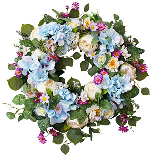 Ecerangus 24 Inch Spring Wreaths for Front Door, Spring Wreath,Blue Hydrangea Wreath,Large Spring Summer Door Wreaths for Front Door Outside All Season Home Decor (Blue) - Image 1