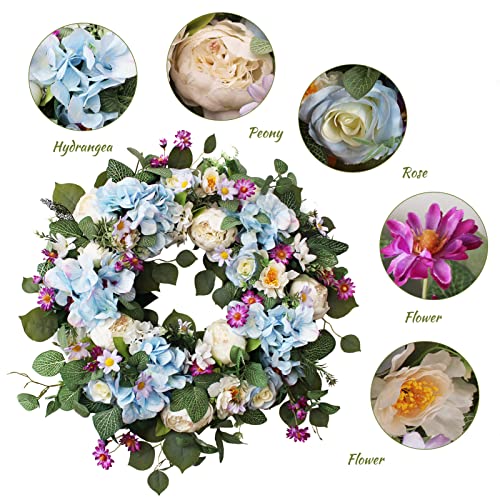 Ecerangus 24 Inch Spring Wreaths for Front Door, Spring Wreath,Blue Hydrangea Wreath,Large Spring Summer Door Wreaths for Front Door Outside All Season Home Decor (Blue) - Image 2