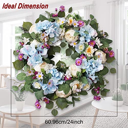 Ecerangus 24 Inch Spring Wreaths for Front Door, Spring Wreath,Blue Hydrangea Wreath,Large Spring Summer Door Wreaths for Front Door Outside All Season Home Decor (Blue) - Image 3