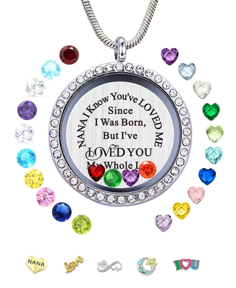 Beffy Nana Women Floating Locket Pendant Necklace with Charms & Birthstones, Gifts for Mothers Day, for Grandma, Gigi, Mimi, Grannny - Image 1