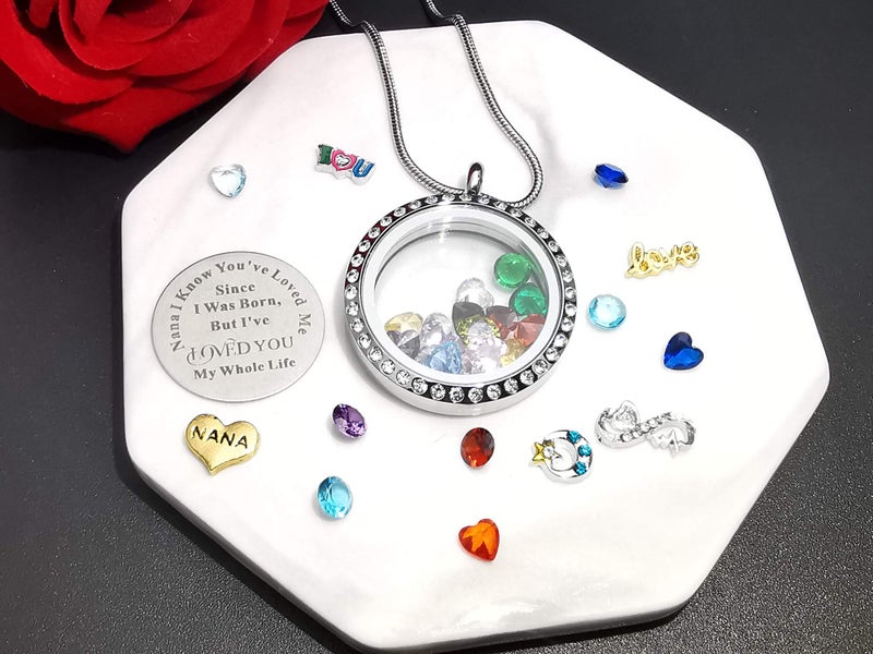 Beffy Nana Women Floating Locket Pendant Necklace with Charms & Birthstones, Gifts for Mothers Day, for Grandma, Gigi, Mimi, Grannny - Image 5