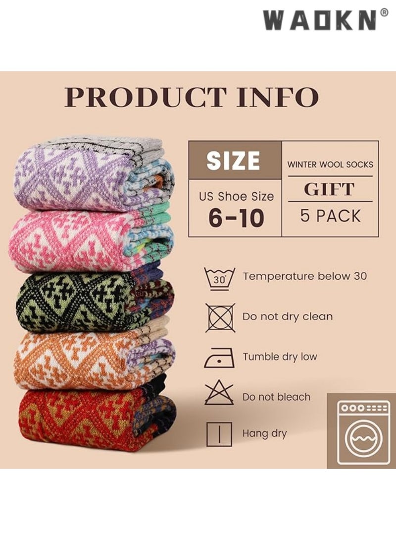 WAOKN Wool Socks- Thick Soft Wool Socks for Women, Vintage Warm Womens Wool Socks, Winter Warm Boot Socks for Women Men 5 Pairs - Image 2