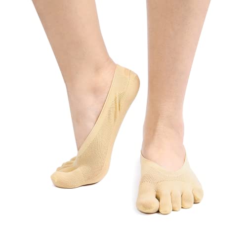 Soxbang 4 Pairs Women No Show Toe Socks Five Finger Liner Socks Non-Slip for Sneaker Boat Shoes,4 Beige - Image 2