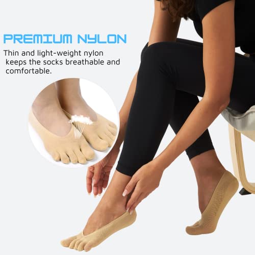 Soxbang 4 Pairs Women No Show Toe Socks Five Finger Liner Socks Non-Slip for Sneaker Boat Shoes,4 Beige - Image 4