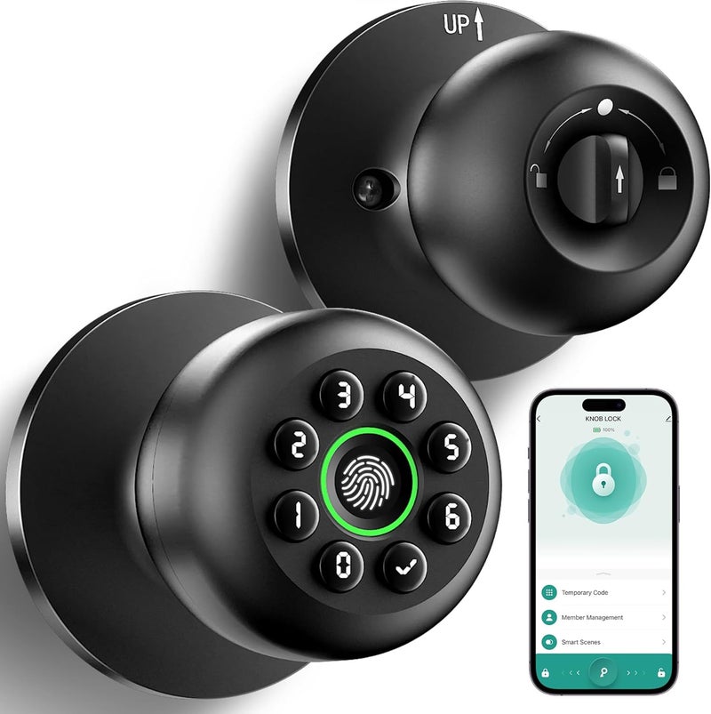 KLLOQUE Fingerprint Door Lock, Smart Fingerprint Door Knob with Keypad, Biometric Door knobs with App Control, Auto Lock Door Lock with Code, Keyless Door Knob with Locks for Bedroom, Home,Office-Matte Black - Image 1