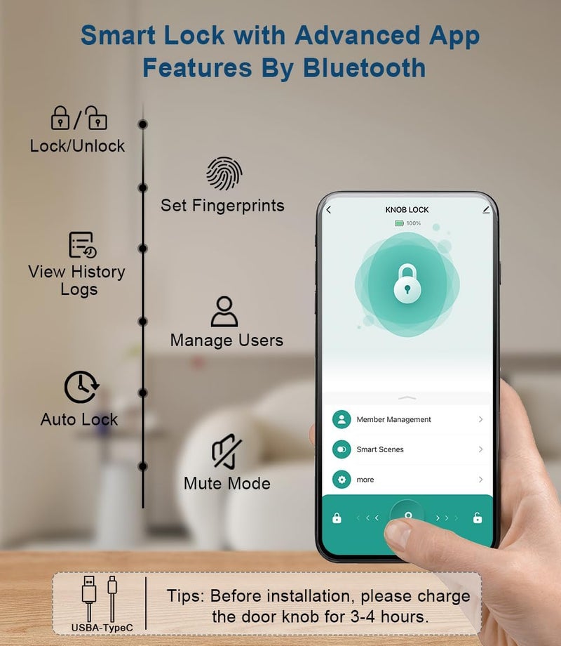 KLLOQUE Fingerprint Door Lock, Smart Fingerprint Door Knob with Keypad, Biometric Door knobs with App Control, Auto Lock Door Lock with Code, Keyless Door Knob with Locks for Bedroom, Home,Office-Matte Black - Image 5
