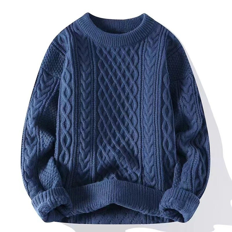 Autumn and Winter Sweater Mens Coarse Twist Sweater Casual All-match Light Mature Solid Color Sweater Mens Round Neck Pullover Top Blue
