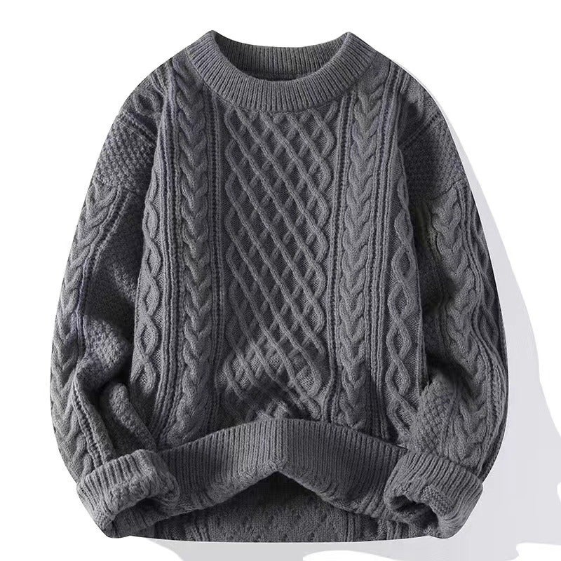 Autumn and Winter Sweater Mens Coarse Twist Sweater Casual All-match Light Mature Solid Color Sweater Mens Round Neck Pullover Top Blue