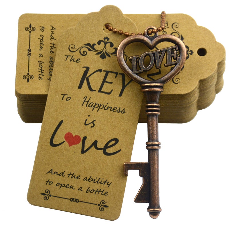 Makhry 52pcs Vintage Skeleton Key Bottle Opener with Love Heart Escort Thank You Tags and Keychain as Wedding Favor for Wedding Guest Wedding Decor Antique Copper