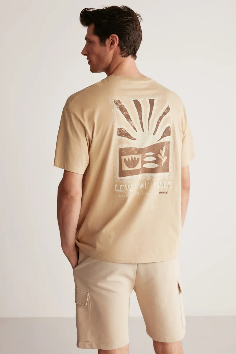 جريميلانج Fınn Men's Cotton-Polyester Beige T-Shirt