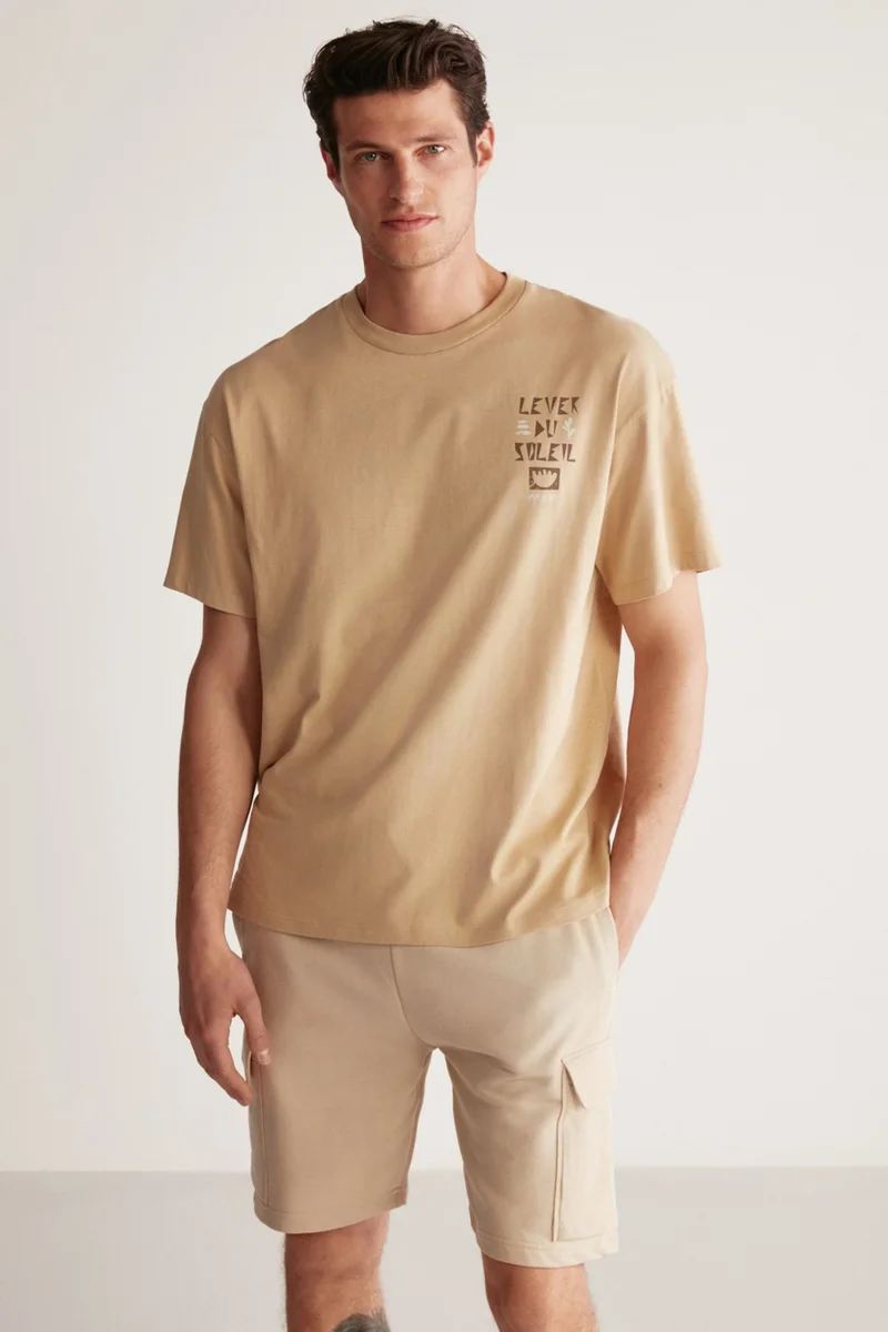 جريميلانج Fınn Men's Cotton-Polyester Beige T-Shirt