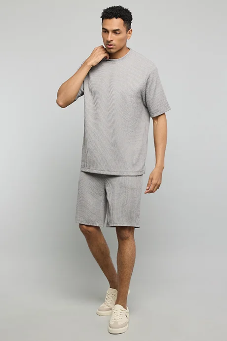 أر أند بي Textured T-Shirt with Crew Neck and Short Sleeves