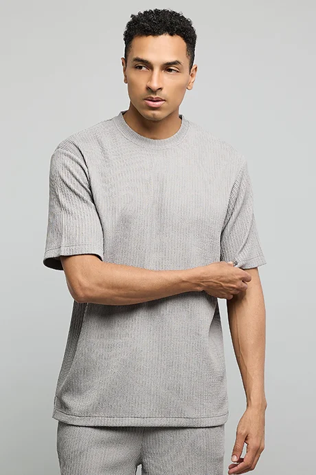 أر أند بي Textured T-Shirt with Crew Neck and Short Sleeves