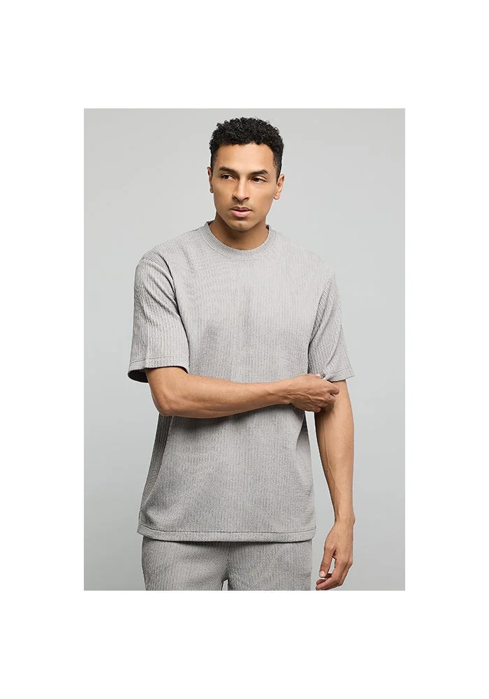 أر أند بي Textured T-Shirt with Crew Neck and Short Sleeves