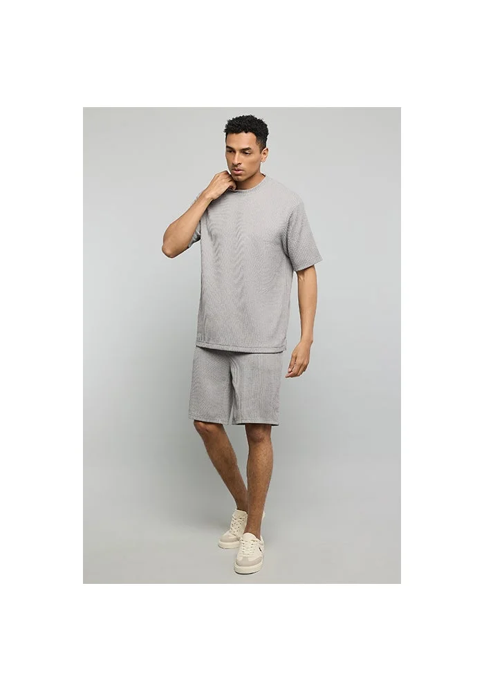 أر أند بي Textured T-Shirt with Crew Neck and Short Sleeves