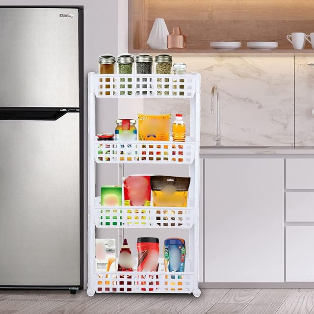 VISHVA 4 Layer White Slim Multipurpose Kitchen Storage Slim Rack with Wheels for Home, Office, Bedroom and Bathroom Plastic Stand (4 Layer, White) - Image 3