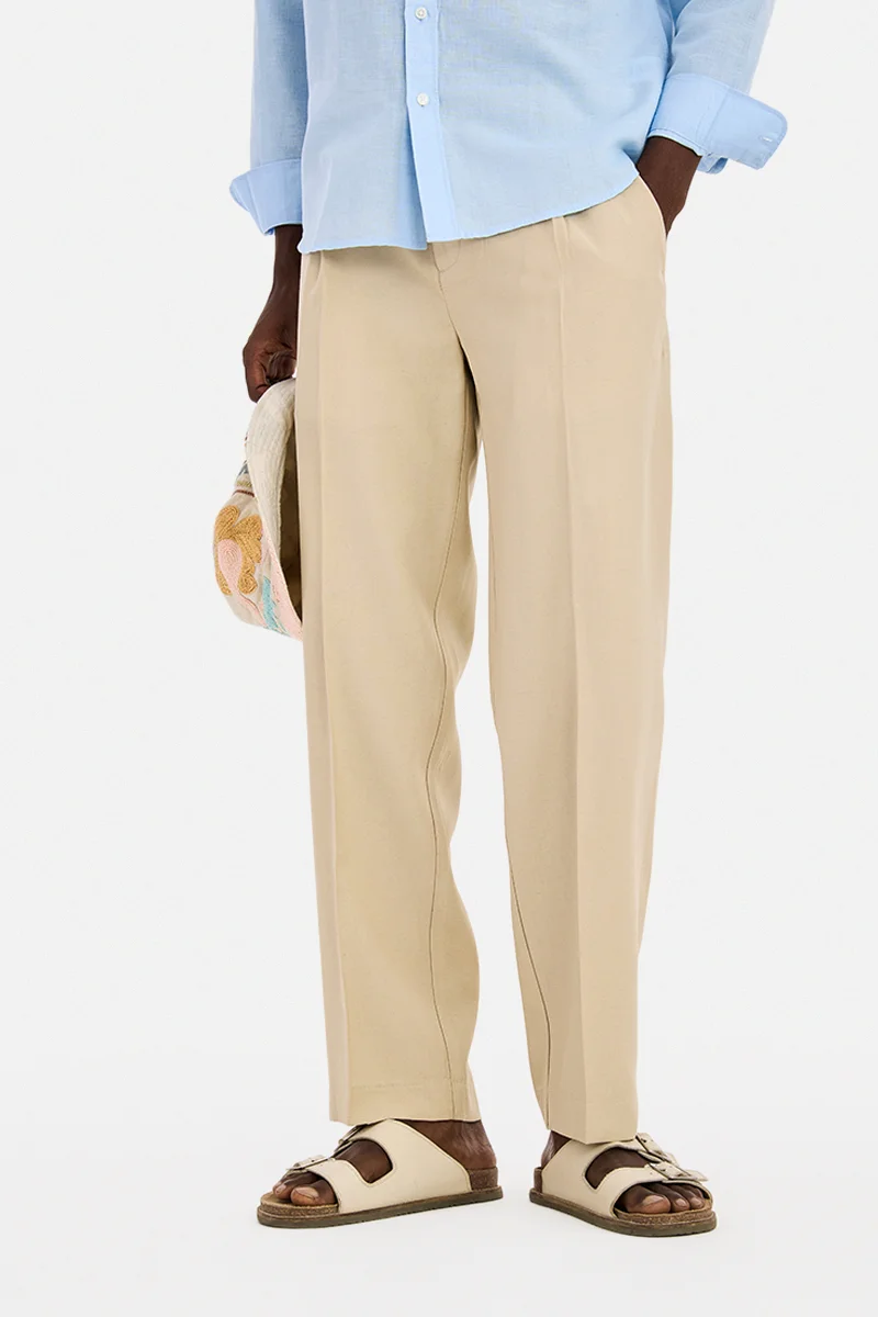 Beige Textured Regular Fit Trousers