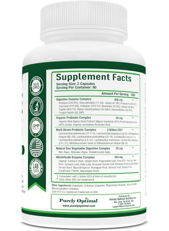 Purely Optimal Digestive Enzyme Supplement - Comprehensive Gut Health Support with 12 Enzymes, Probiotics & Prebiotics - Relief for Bloating, Gas & Digestive Discomfort - 180 Capsules - Image 2