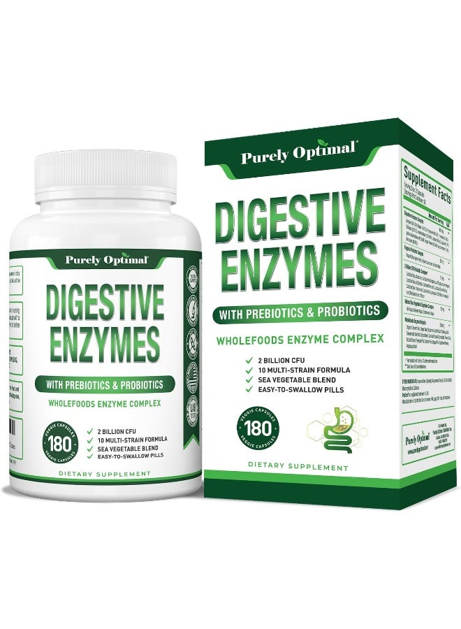Purely Optimal Digestive Enzyme Supplement - Comprehensive Gut Health Support with 12 Enzymes, Probiotics & Prebiotics - Relief for Bloating, Gas & Digestive Discomfort - 180 Capsules - Image 1
