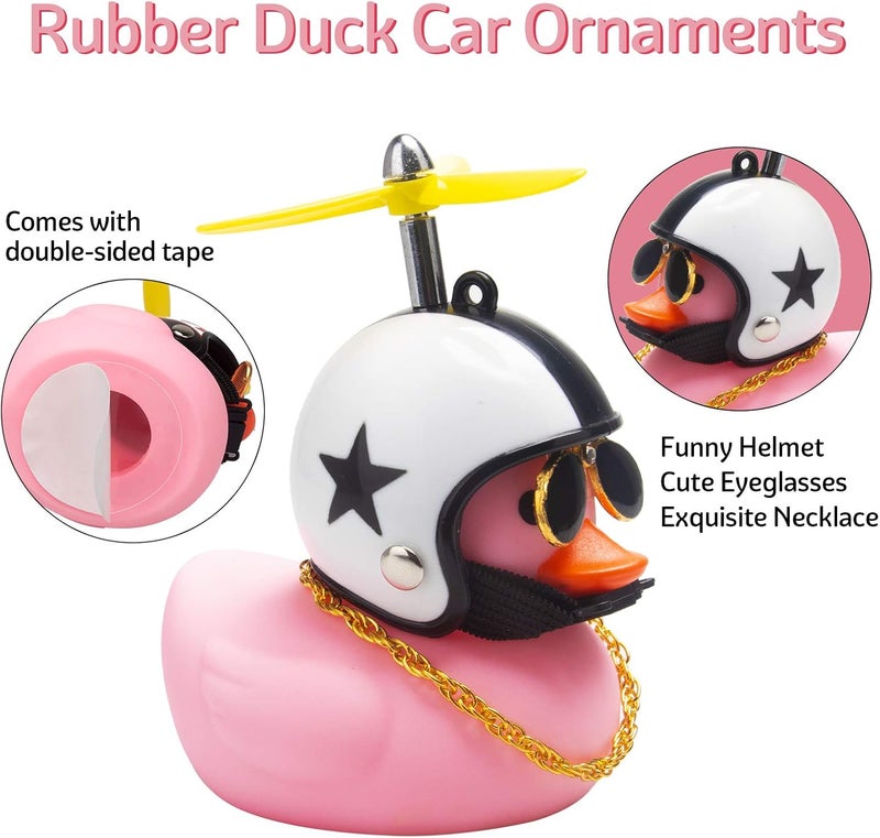 wonuu Pink Duck Car Dashboard Decorations - Rubber Duck Car Ornaments with Propeller Helmet Sunglasses and Gold Chain (Star-Pink) - Image 5