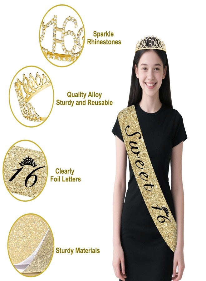 Juesly Sweet 16 Party Decorations, Champagne Gold Happy 16th Birthday Decorations for Girls, Sweet16 Sash and Crown, Banner, Fringe Curtains, Hanging Paper Fans, 16 Year Old Party Supplies Set - Image 4