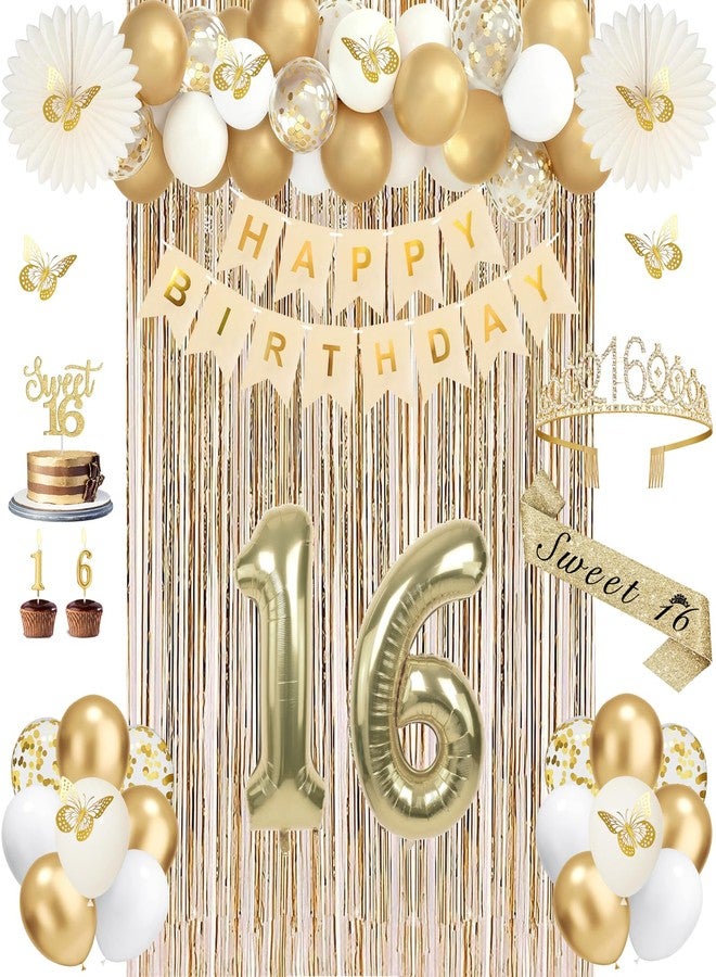 Juesly Sweet 16 Party Decorations, Champagne Gold Happy 16th Birthday Decorations for Girls, Sweet16 Sash and Crown, Banner, Fringe Curtains, Hanging Paper Fans, 16 Year Old Party Supplies Set - Image 1