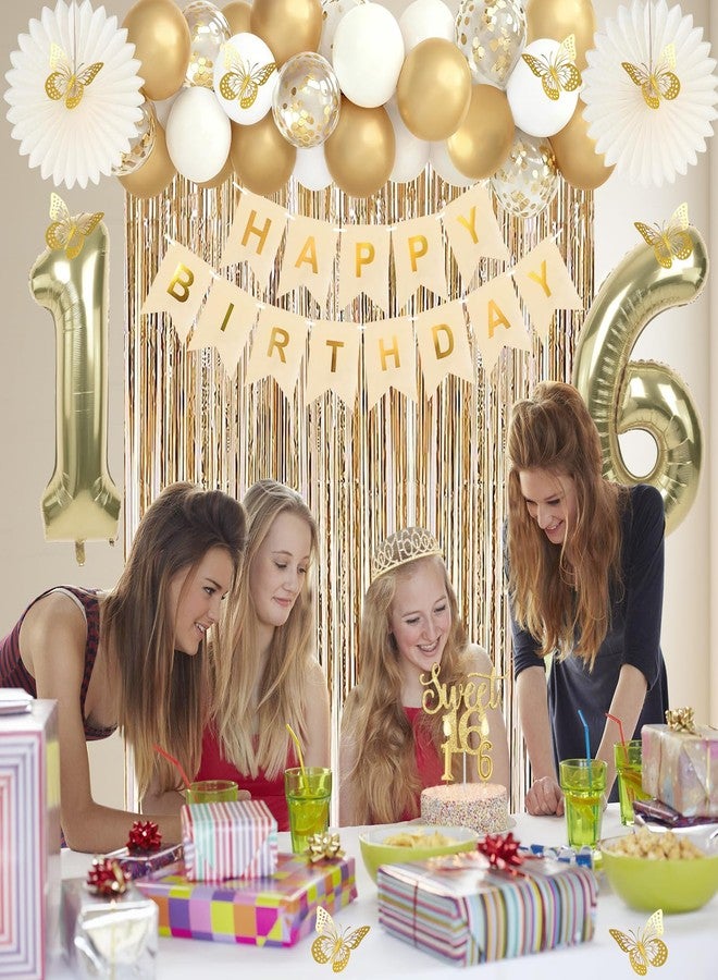 Juesly Sweet 16 Party Decorations, Champagne Gold Happy 16th Birthday Decorations for Girls, Sweet16 Sash and Crown, Banner, Fringe Curtains, Hanging Paper Fans, 16 Year Old Party Supplies Set - Image 3