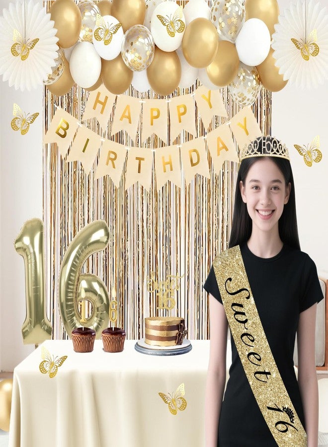 Juesly Sweet 16 Party Decorations, Champagne Gold Happy 16th Birthday Decorations for Girls, Sweet16 Sash and Crown, Banner, Fringe Curtains, Hanging Paper Fans, 16 Year Old Party Supplies Set - Image 2