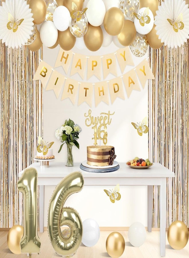 Juesly Sweet 16 Party Decorations, Champagne Gold Happy 16th Birthday Decorations for Girls, Sweet16 Sash and Crown, Banner, Fringe Curtains, Hanging Paper Fans, 16 Year Old Party Supplies Set - Image 5