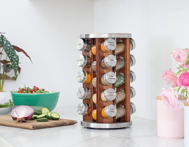 Orii 20 Jar Dark Acacia Wood Spice Rack with Spices Included - Rotating Tower Organizer for Kitchen Spices and Seasonings, (Dark Stained Acacia Wood) - Image 3