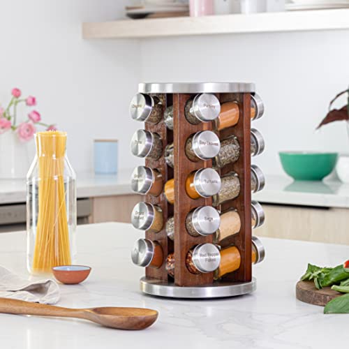Orii 20 Jar Dark Acacia Wood Spice Rack with Spices Included - Rotating Tower Organizer for Kitchen Spices and Seasonings, (Dark Stained Acacia Wood) - Image 2