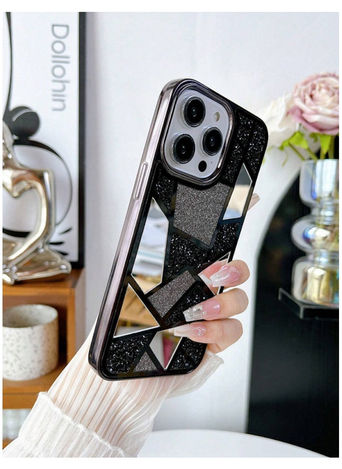 Shein - Black Mirror Finish Geometric Multi-Color Sparkling Rhinestone iPhone 16 Pro Max Case - Image 1