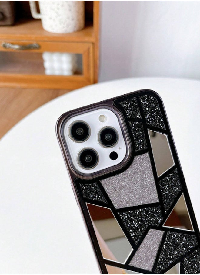 Shein - Black Mirror Finish Geometric Multi-Color Sparkling Rhinestone iPhone 16 Pro Max Case - Image 1