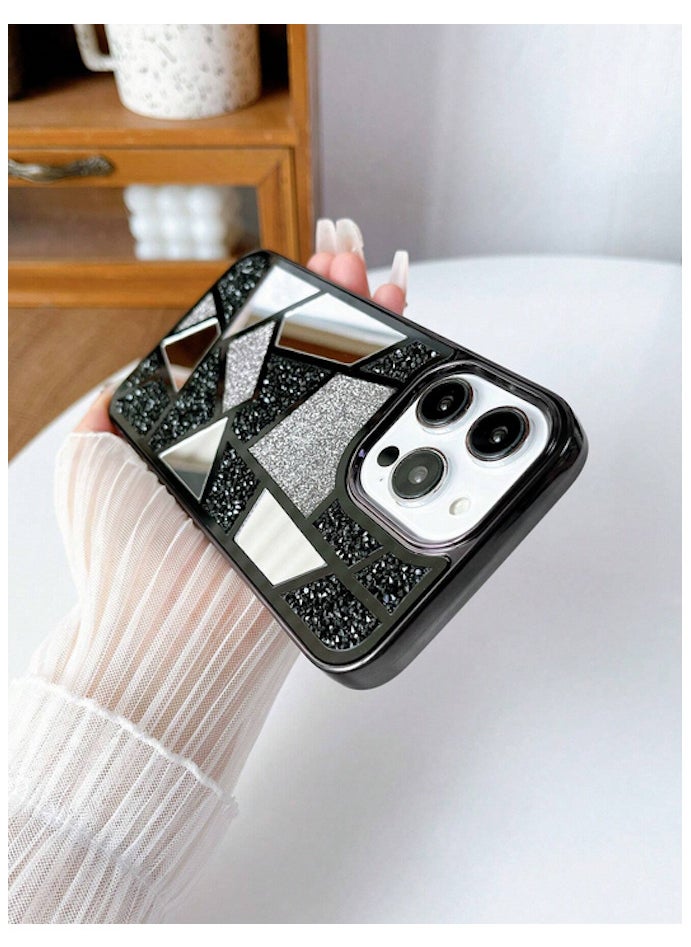 Shein - Black Mirror Finish Geometric Multi-Color Sparkling Rhinestone iPhone 16 Pro Max Case - Image 1