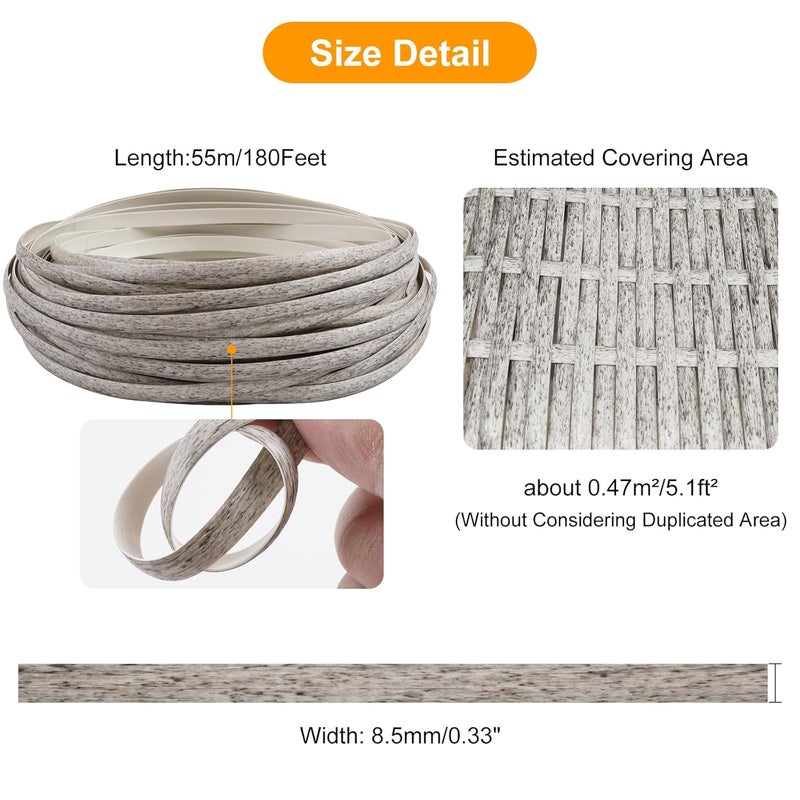 Feyart 8.5mm 55m Light Grey PE Rattan Strip for Outdoor Rattan Furniture Repair, Plastic Wicker for Patio Furniture Restore - Image 3