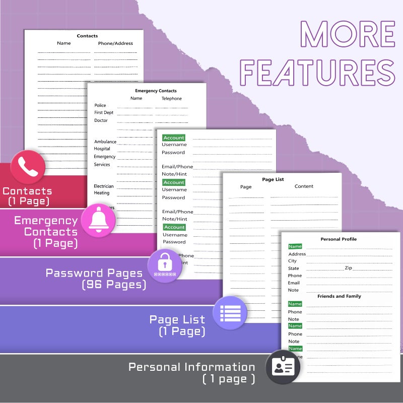 BLESWIN Password Keeper with Alphabetical Tabs, Internet Password Organizer for Contacts, Websitesm Special Days and Notes â€“ 6'' x5.1'', Purple - Image 2