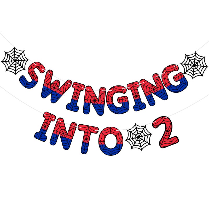 TaoBary Spider Theme 2nd Birthday Banner, Pre-strung Swinging into 2 Banner, Spider 2nd Birthday Decorations Party Supplies for Kids, Second Decor for 2 Year Old Boys Girls(Red and Blue) - Image 1