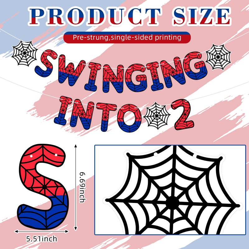 TaoBary Spider Theme 2nd Birthday Banner, Pre-strung Swinging into 2 Banner, Spider 2nd Birthday Decorations Party Supplies for Kids, Second Decor for 2 Year Old Boys Girls(Red and Blue) - Image 2
