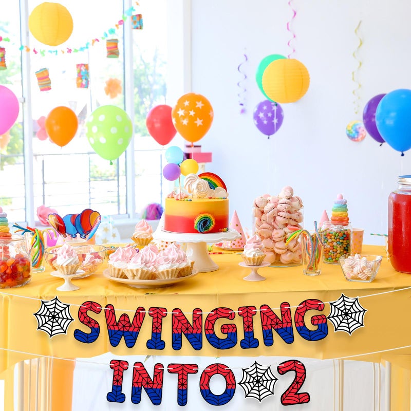 TaoBary Spider Theme 2nd Birthday Banner, Pre-strung Swinging into 2 Banner, Spider 2nd Birthday Decorations Party Supplies for Kids, Second Decor for 2 Year Old Boys Girls(Red and Blue) - Image 5