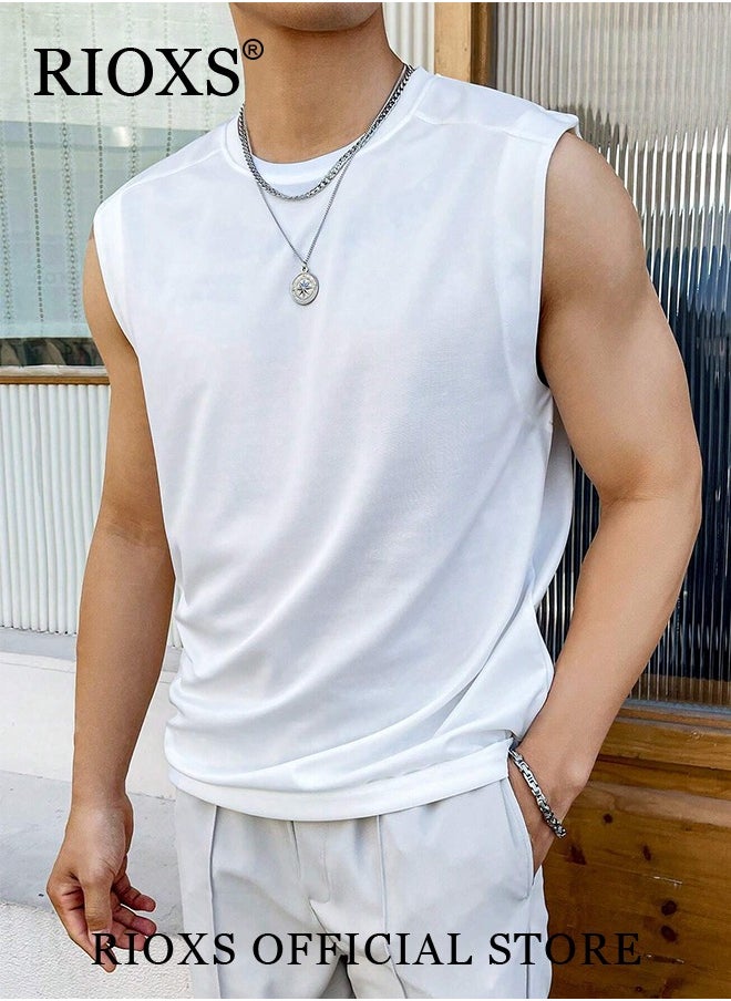 RIOXS - Men's Summer Street Vest Casual Solid Color Sleeveless Sports T-Shirt Loose Workout Tank Top - Image 1