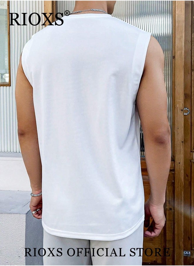 RIOXS - Men's Summer Street Vest Casual Solid Color Sleeveless Sports T-Shirt Loose Workout Tank Top - Image 1