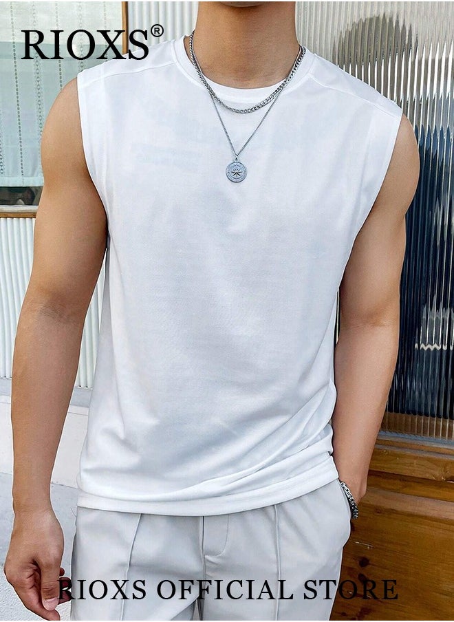 RIOXS - Men's Summer Street Vest Casual Solid Color Sleeveless Sports T-Shirt Loose Workout Tank Top - Image 1