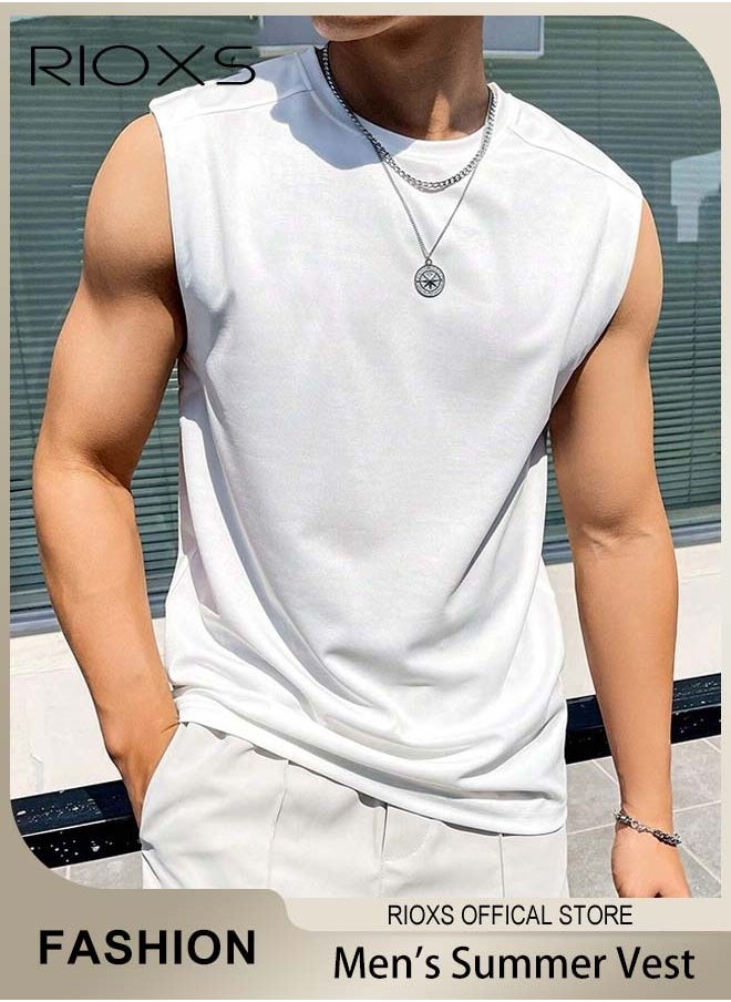 RIOXS - Men's Summer Street Vest Casual Solid Color Sleeveless Sports T-Shirt Loose Workout Tank Top - Image 1