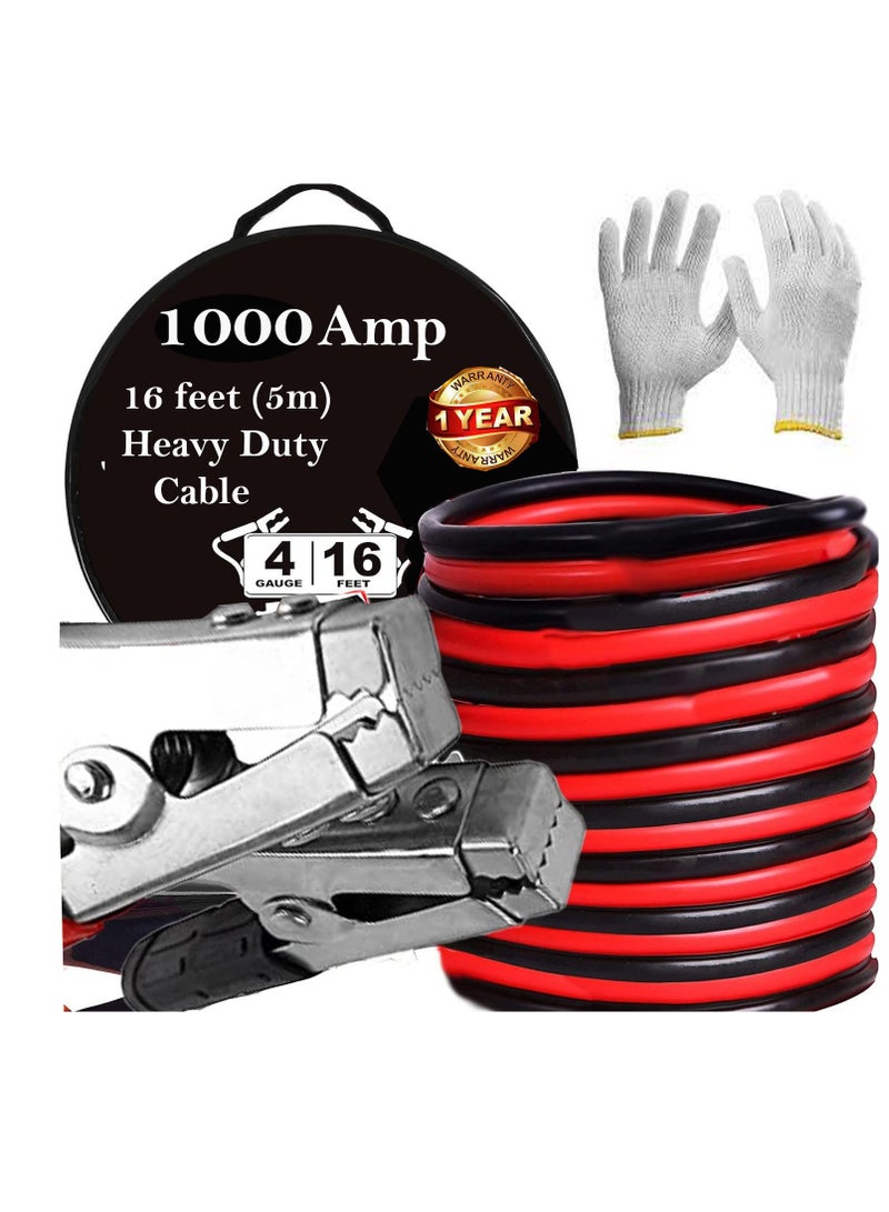 TORONTO 1000AMP 16 Feet 5m Heavy Duty Jumper Cables Battery Booster Long Jump Leads for Car Van Truck Includes Carry Bag and Working Gloves  - Image 1
