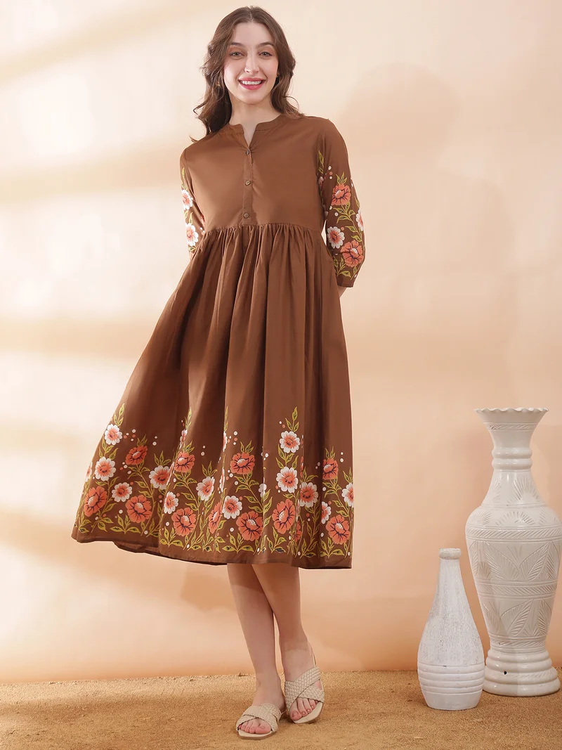 جلو باص Globus Women Brown Mandarin Collar Floral Print Gathered & Pleated Flared Hem A-Line Midi Dress